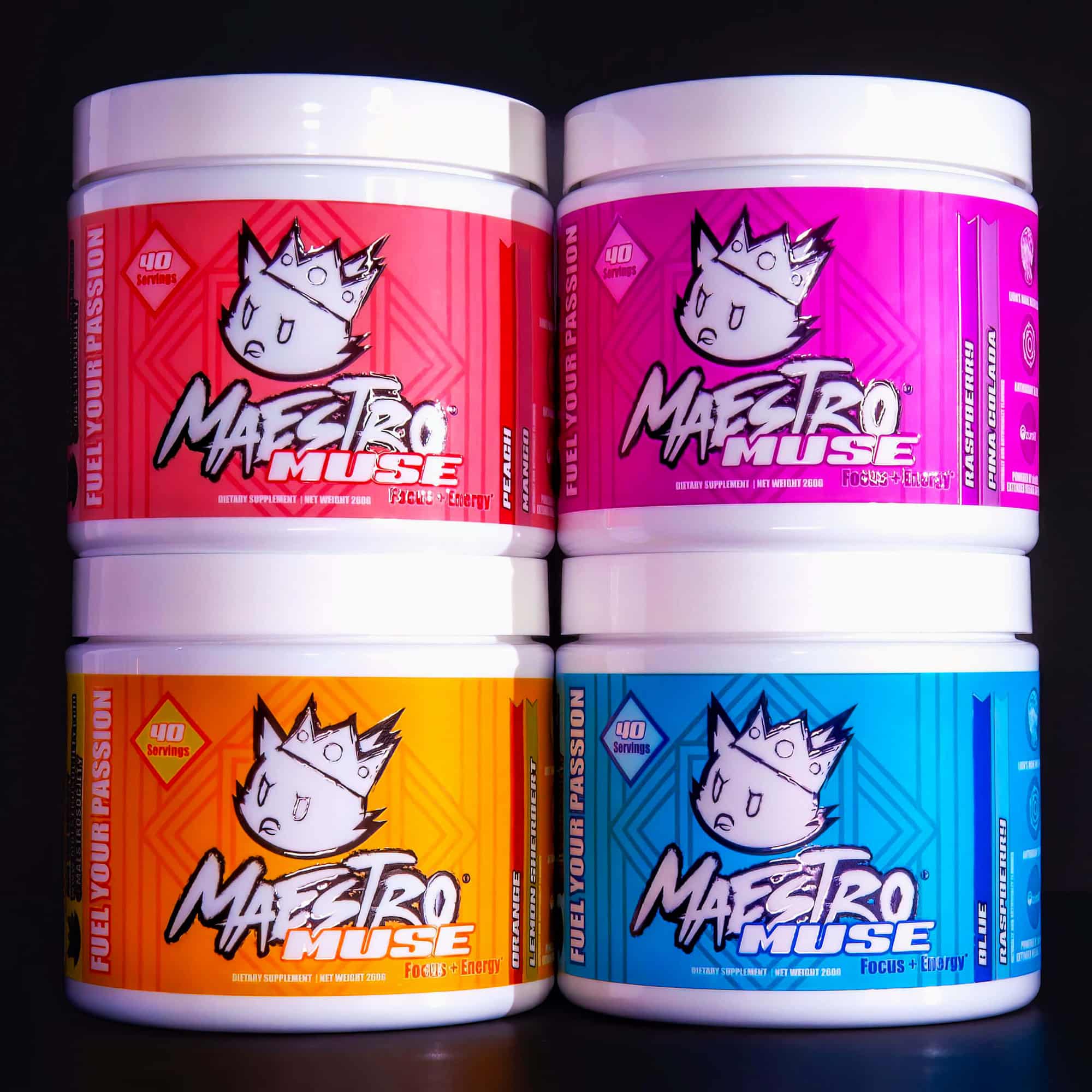 maestro muse new flavors peach mango, orange lemon sherbert, raspbery pina colada, and blue raspberry stacked on top of each other into 4 with a black background